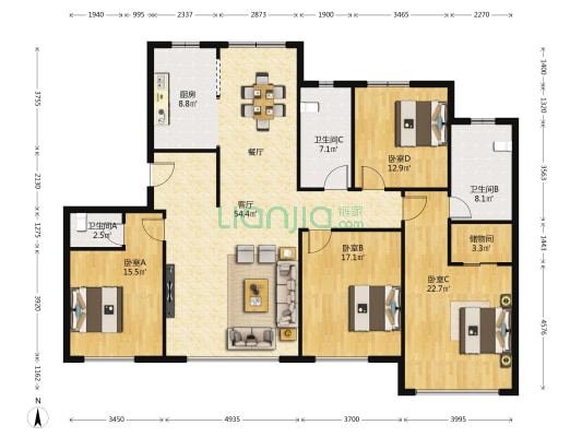 庆丰西里 4室1厅3卫 198平方