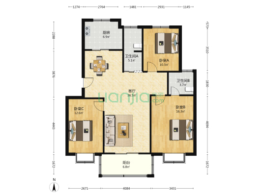 甬新水岸 3室1厅2卫 120平方