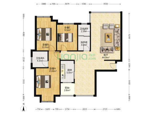 警苑公寓 3室1厅3卫 124平方