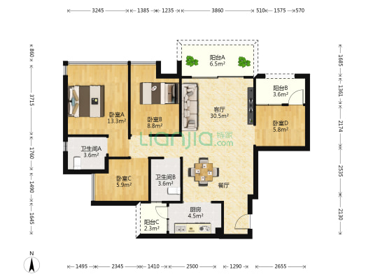 汇凯嘉园 4室1厅2卫 104平方