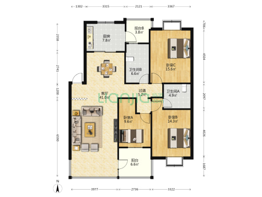 滨海假日 3室1厅2卫 129平方