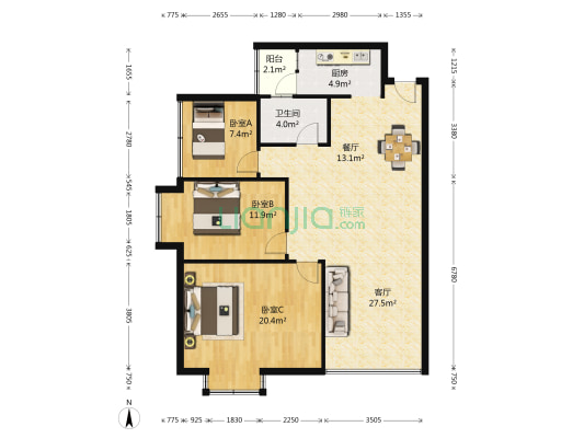 宏桂东盛 3室2厅1卫 99平方