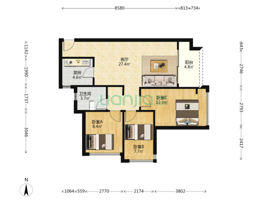 绿地新都会 3室1厅1卫 87平方