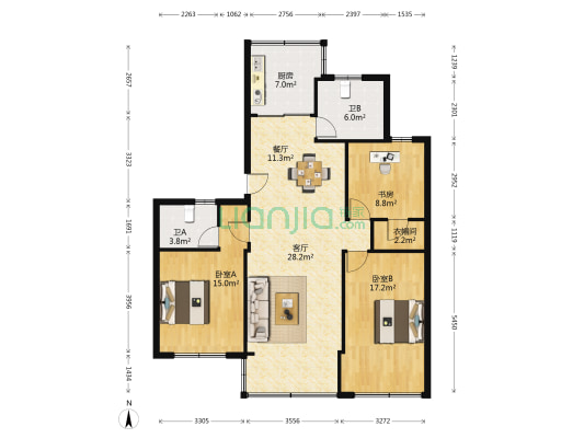 百丈花园 3室2厅2卫 117平方