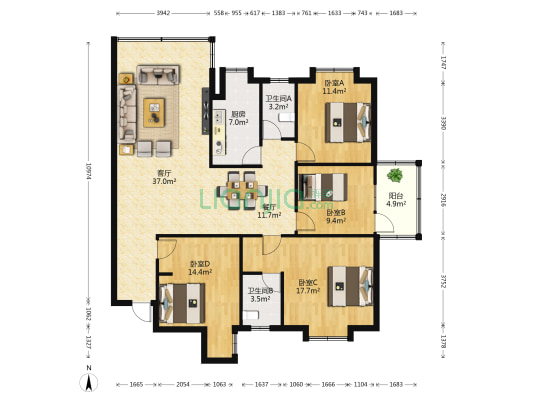 白沙苑 4室2厅2卫 147平方