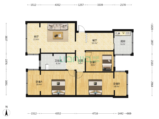 王家坝小区 3室2厅1卫 87平方