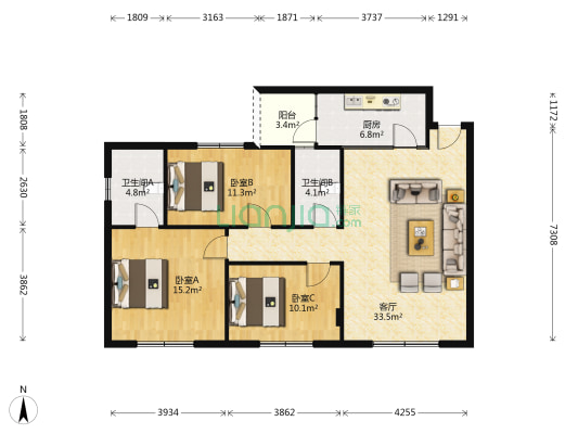 海伦苑 3室1厅2卫 98平方