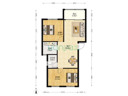 御翠湾B区 2室1厅1卫 87平方