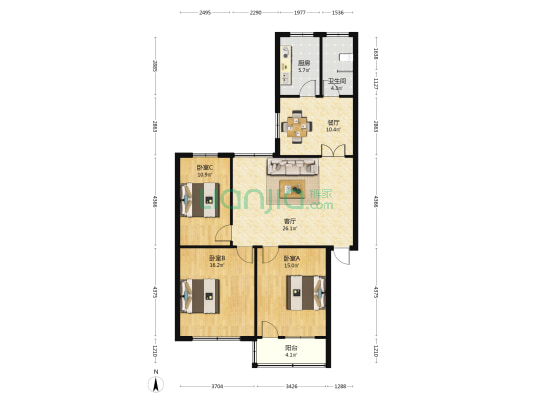 龙安公寓 3室2厅1卫 115平方