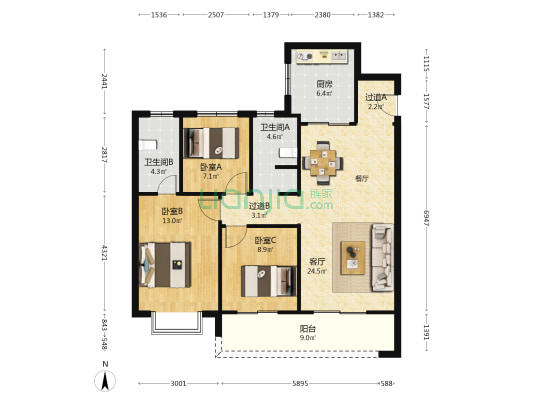 兴港和昌凌云筑 3室1厅2卫 114平方