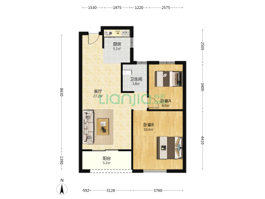 红旗府 2室1厅1卫 85平方
