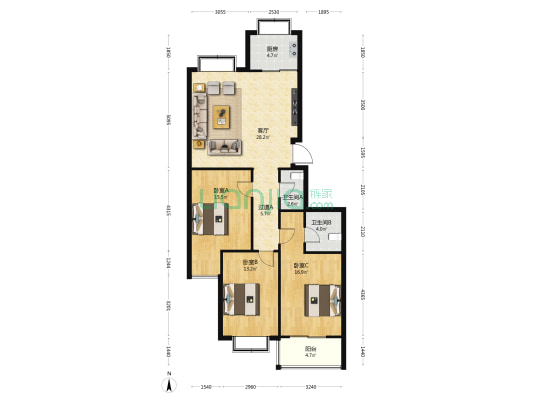 今日佳园 3室1厅2卫 125平方