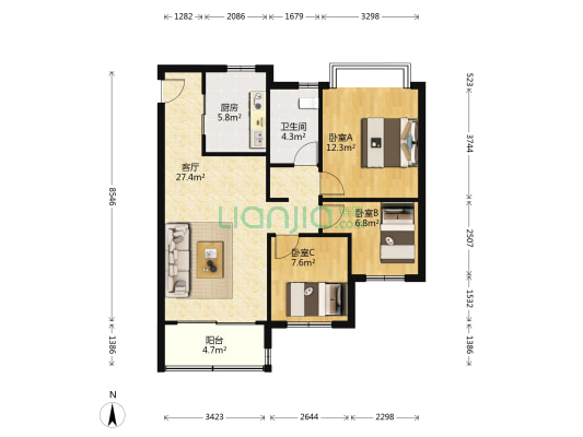 恒大城牡丹园 3室1厅1卫 102平方