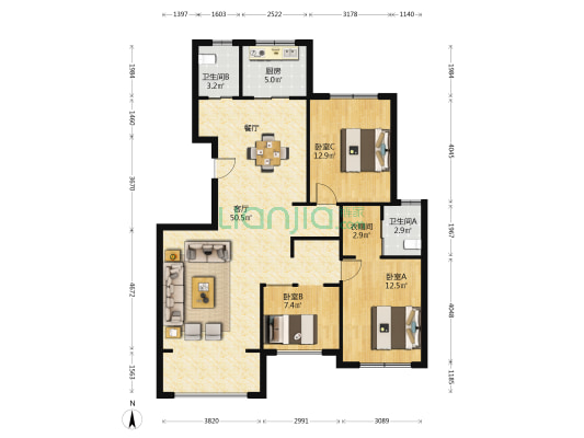茂源福城 3室1厅2卫 121平方