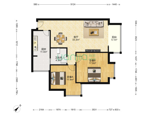 九号花园 2室1厅1卫 88平方