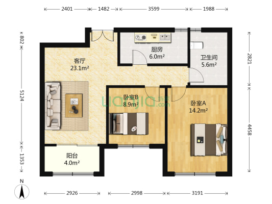 龙潭南苑 2室1厅1卫 84平方