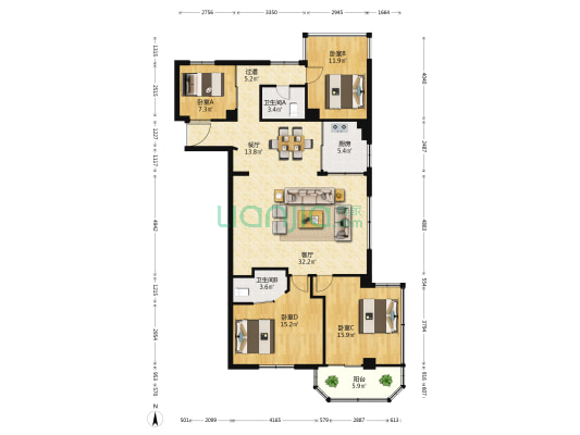 时代广场 4室2厅2卫 156平方