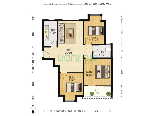 淮合花园 3室1厅1卫 92平方