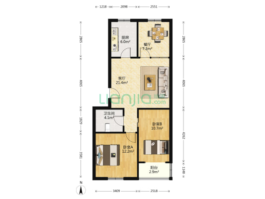 福都花园 2室2厅1卫 64平方