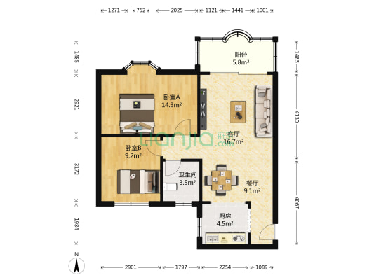 桂花村二期 2室2厅1卫 77平方