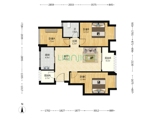 万科四季都会蓝茵 3室1厅1卫 85平方