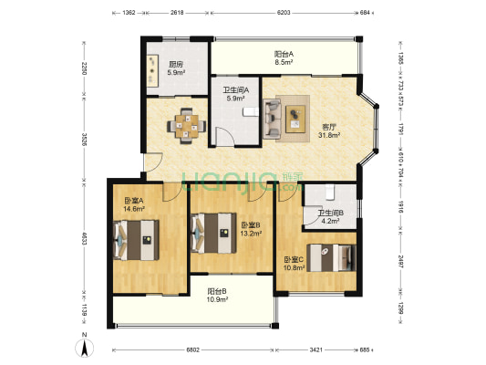 江南嘉园 3室1厅2卫 114平方