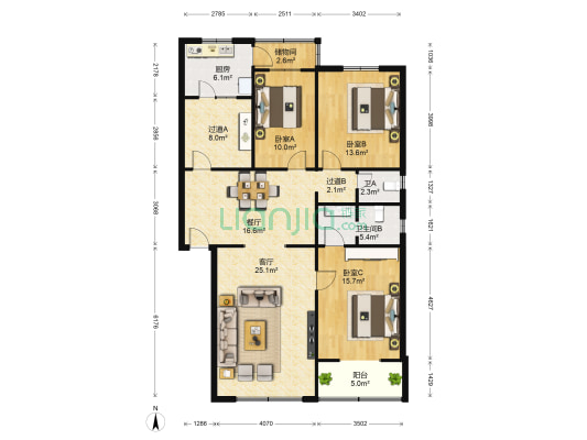 交警大队家属院 3室2厅2卫 139平方