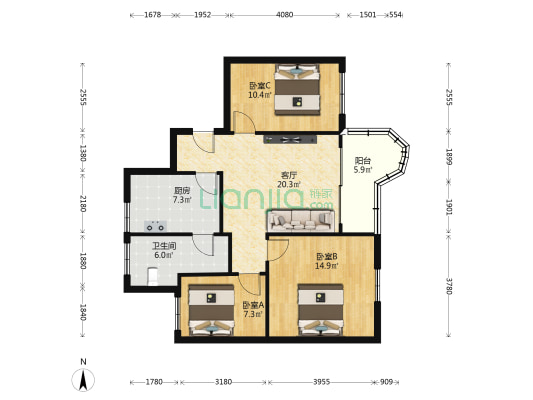 明珠花园 3室1厅1卫 89平方