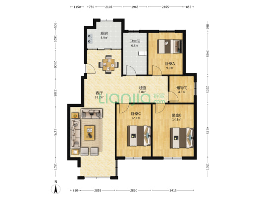 横泾花园 3室1厅1卫 130平方
