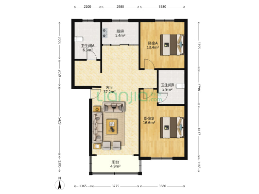 吴商雅苑 2室1厅2卫 103平方
