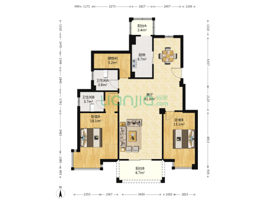 红景佳苑 2室1厅2卫 111平方