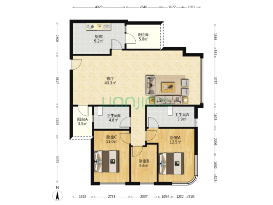 国浩18T 3室1厅2卫 155平方