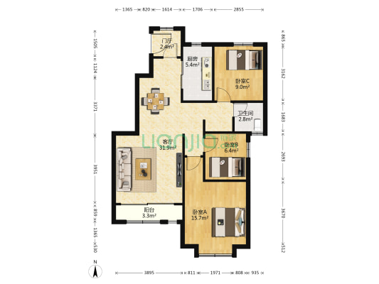 众美青城 3室1厅1卫 104平方