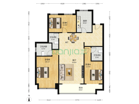 鸿森银滩广场 3室1厅3卫 147平方