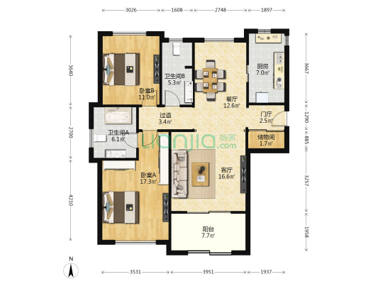 雅戈尔长风8号 2室2厅2卫 125平方