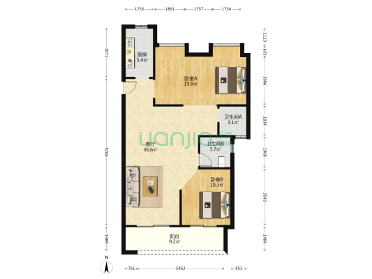 融创首创·国际智慧生态城市天水碧 2室1厅2卫 117平方