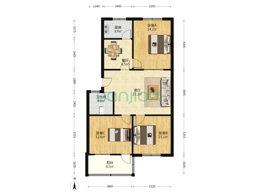 东方红居委小区 3室2厅1卫 100平方