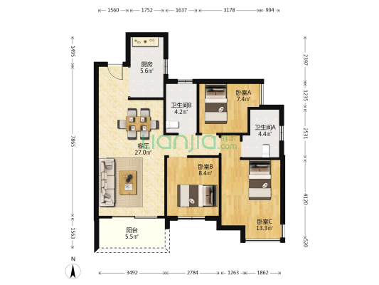 华润置地万象天汇 3室1厅2卫 96平方