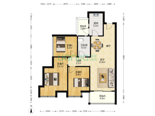 保利狮子湖红杉郡 3室1厅1卫 91平方
