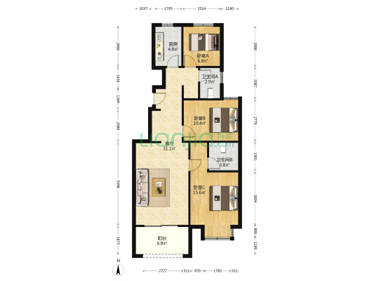 三巽和悦澜庭 3室1厅2卫 100平方