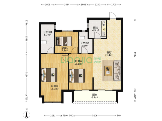 武川和苑二区 3室1厅2卫 104平方