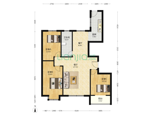 天籁新城 3室2厅1卫 138平方