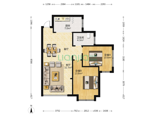 昆仑·洋澜湖1号 2室1厅1卫 76平方