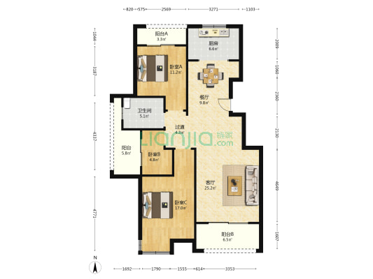宏凯名邸 3室2厅1卫 117平方