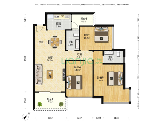 嘉宏世纪豪庭 3室1厅2卫 118平方