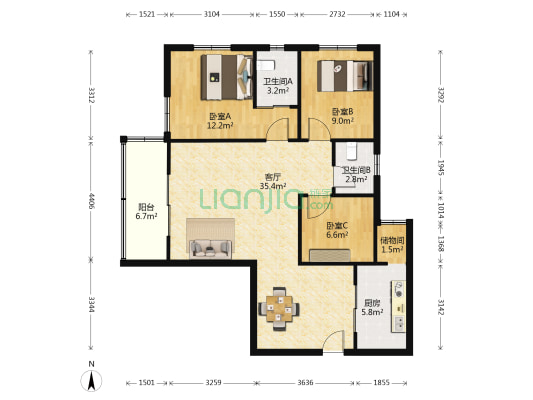 国晖大厦罗湖 3室1厅2卫 110平方