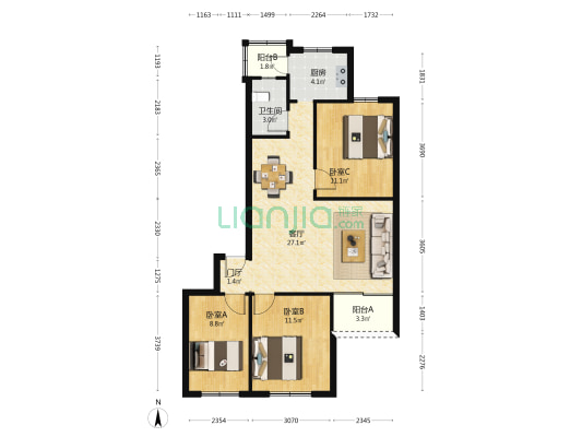 工会住宅楼 3室1厅1卫 87平方