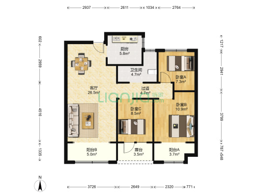 绿地云水谣三期 3室1厅1卫 110平方