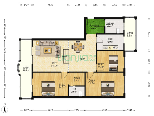 都市人家小区 3室1厅2卫 125平方