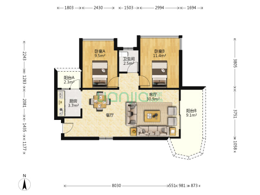华龙中心城 2室1厅1卫 78平方